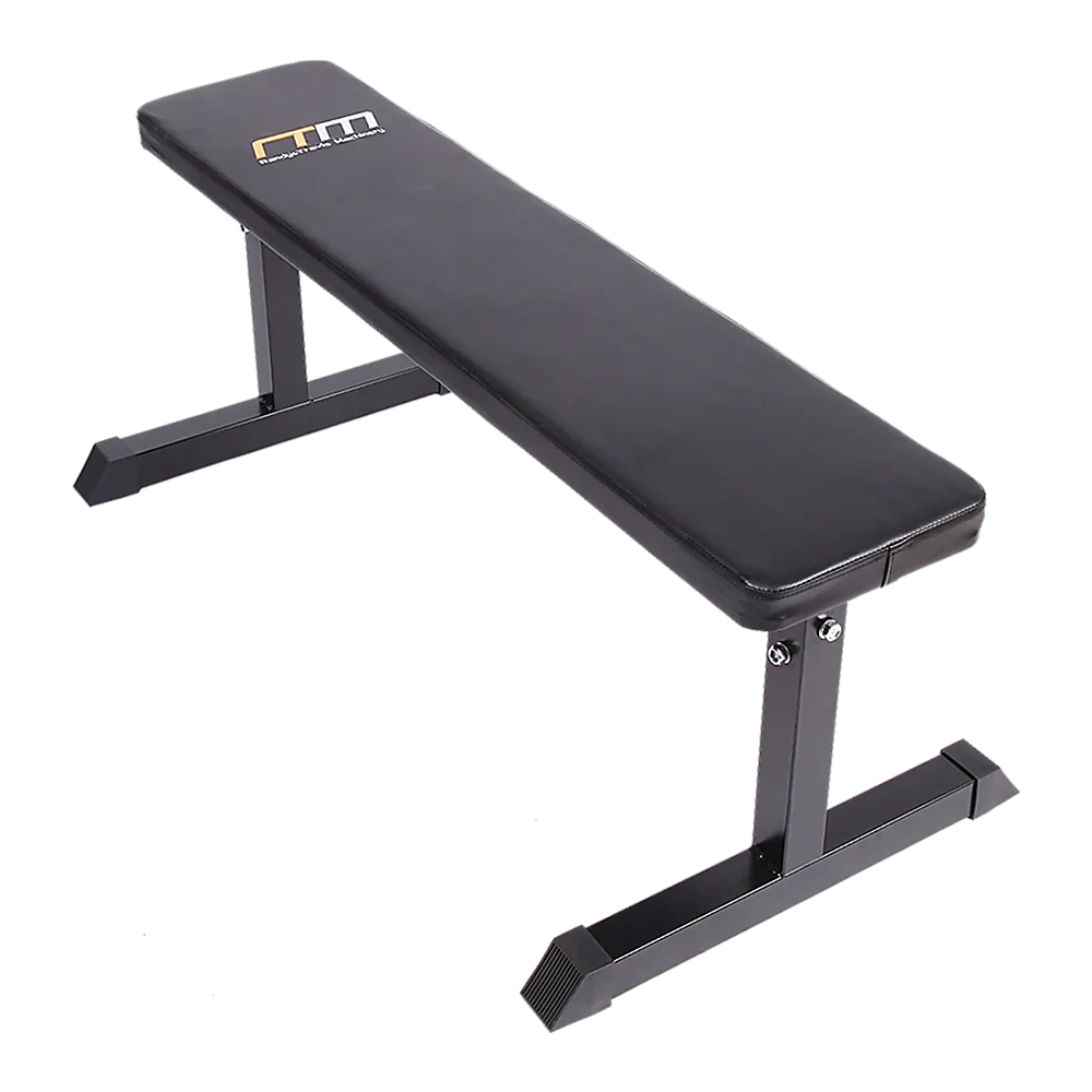 Flat black weight bench with steel frame for gym and home workout training